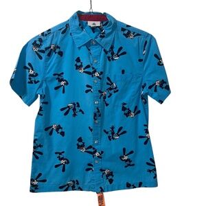 Disney Oswald The Lucky Rabbit blue Short‎ Sleeve Button Down Shirt Sz S